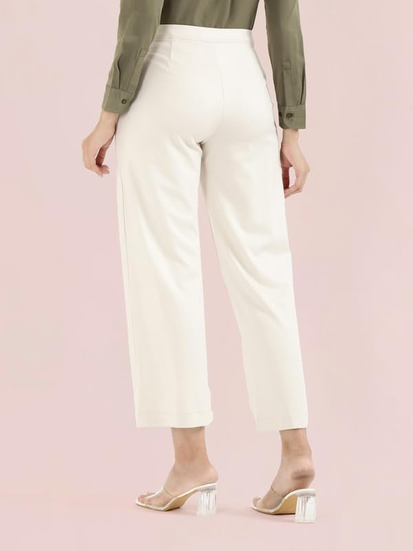 GO COLORS Stretch Rayon Blend Ponte Wide Pants Full Length for Women| Breathable, High Rise, Cream