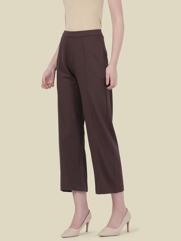 GO COLORS Stretch Rayon Blend Ponte Wide Pants Full Length for Women| Breathable, High Rise, Brown