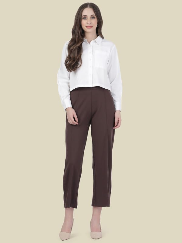 GO COLORS Stretch Rayon Blend Ponte Wide Pants Full Length for Women| Breathable, High Rise, Brown