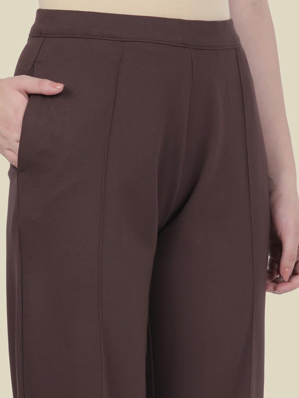 GO COLORS Stretch Rayon Blend Ponte Wide Pants Full Length for Women| Breathable, High Rise, Brown