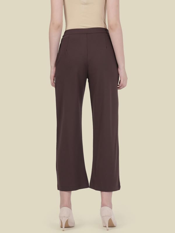 GO COLORS Stretch Rayon Blend Ponte Wide Pants Full Length for Women| Breathable, High Rise, Brown