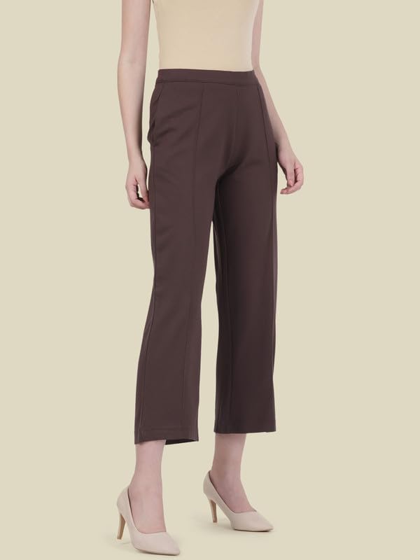GO COLORS Stretch Rayon Blend Ponte Wide Pants Full Length for Women| Breathable, High Rise, Brown