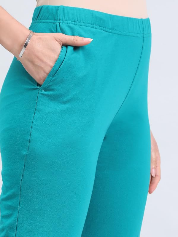 GO COLORS Soft Cotton Stretch Kurti Pants Full Length for Women| Breathable, Mid Rise, Jade Green