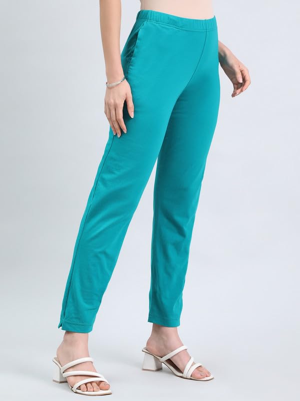 GO COLORS Soft Cotton Stretch Kurti Pants Full Length for Women| Breathable, Mid Rise, Jade Green