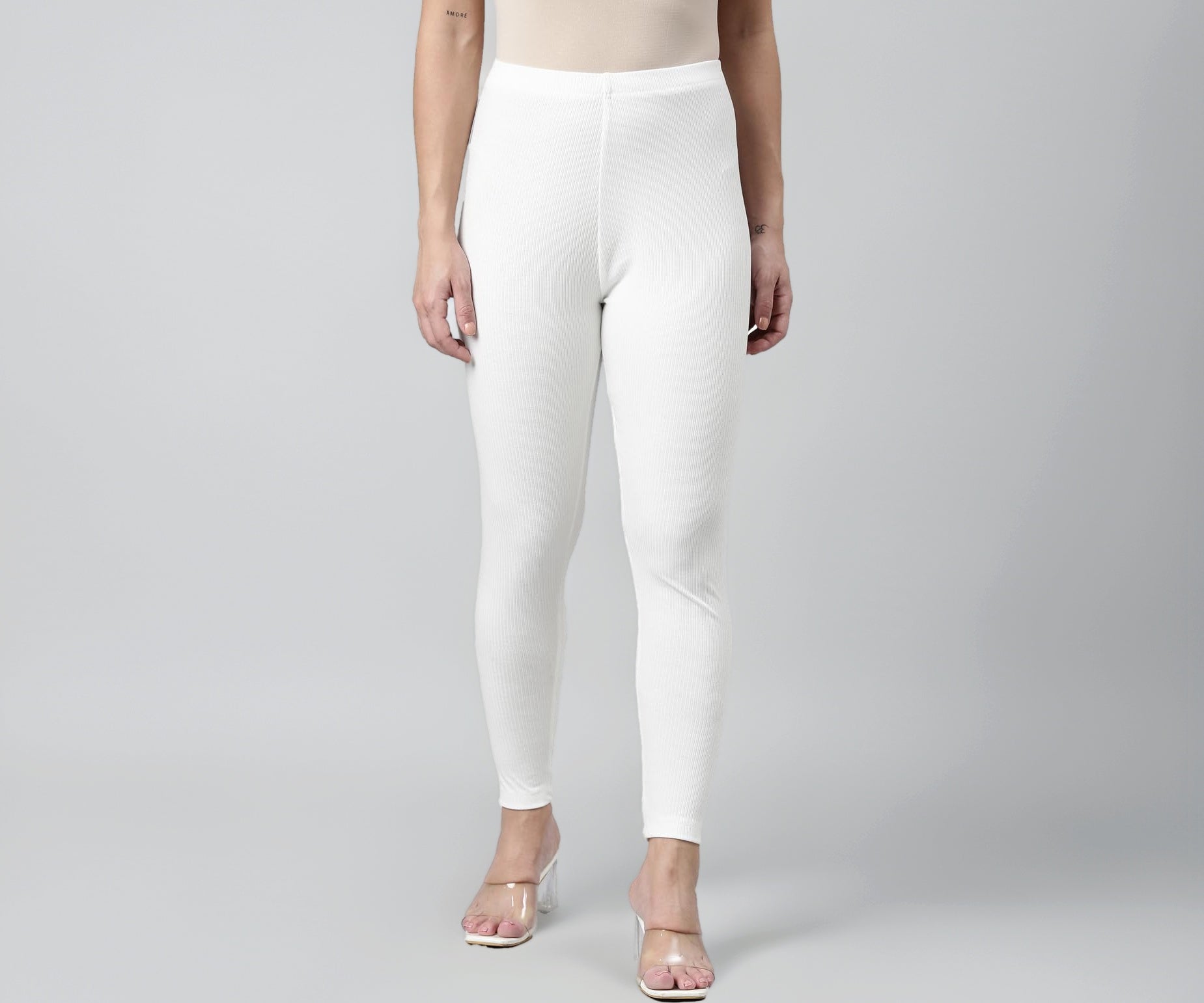 GO COLORS Drop Needle Ribbed Active Leggings for Women | Lightweight, Spandex Waistband, Mid Rise, Cream