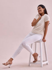 GO COLORS Drop Needle Ribbed Active Leggings for Women | Lightweight, Spandex Waistband, Mid Rise, Cream