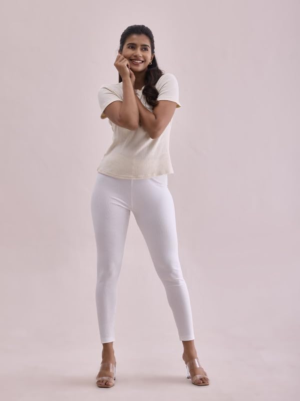 GO COLORS Drop Needle Ribbed Active Leggings for Women | Lightweight, Spandex Waistband, Mid Rise, Cream