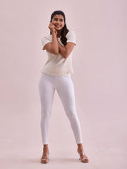 GO COLORS Drop Needle Ribbed Active Leggings for Women | Lightweight, Spandex Waistband, Mid Rise, Cream