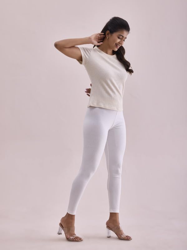 GO COLORS Drop Needle Ribbed Active Leggings for Women | Lightweight, Spandex Waistband, Mid Rise, Cream