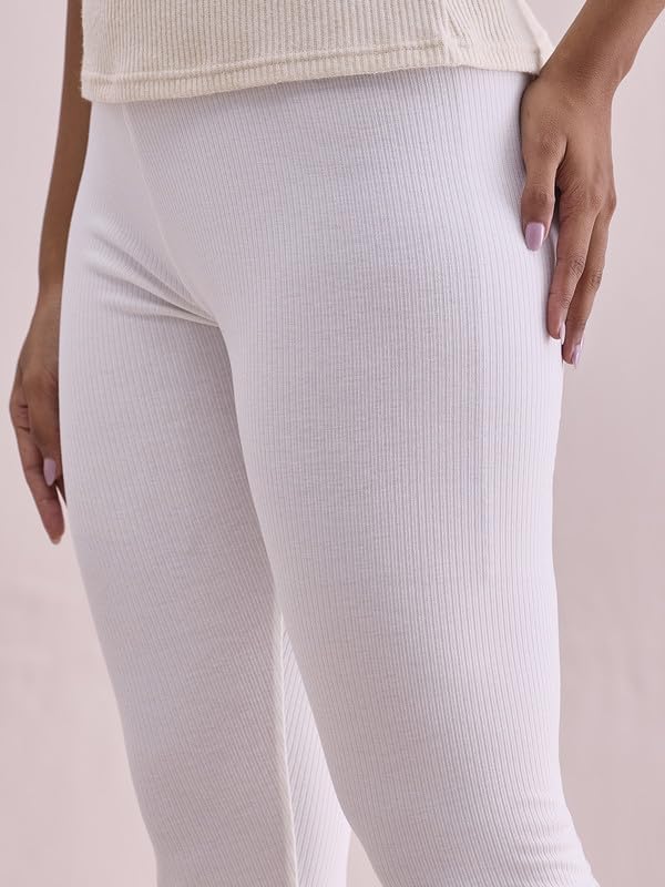 GO COLORS Drop Needle Ribbed Active Leggings for Women | Lightweight, Spandex Waistband, Mid Rise, Cream