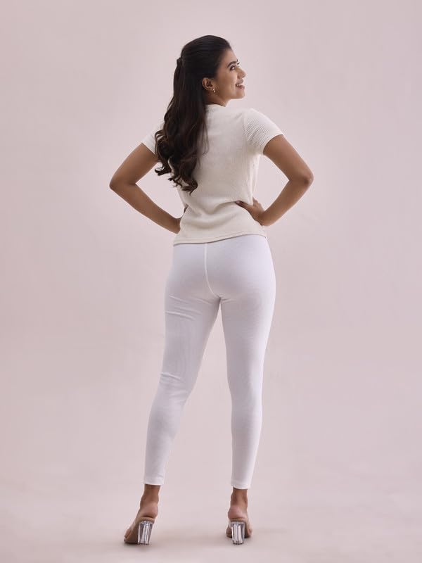 GO COLORS Drop Needle Ribbed Active Leggings for Women | Lightweight, Spandex Waistband, Mid Rise, Cream