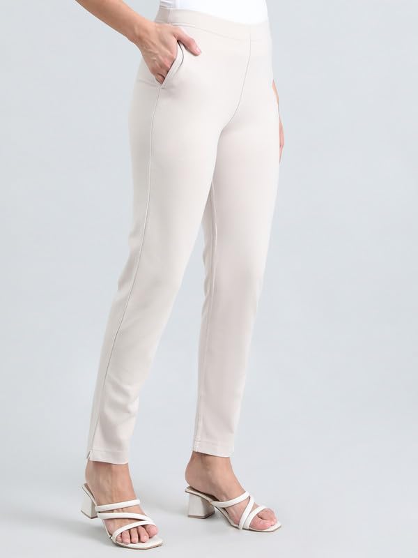 GO COLORS Soft Ponte Smart Fit Kurti Pants Full Length for Women| Breathable, Mid Rise, Cream