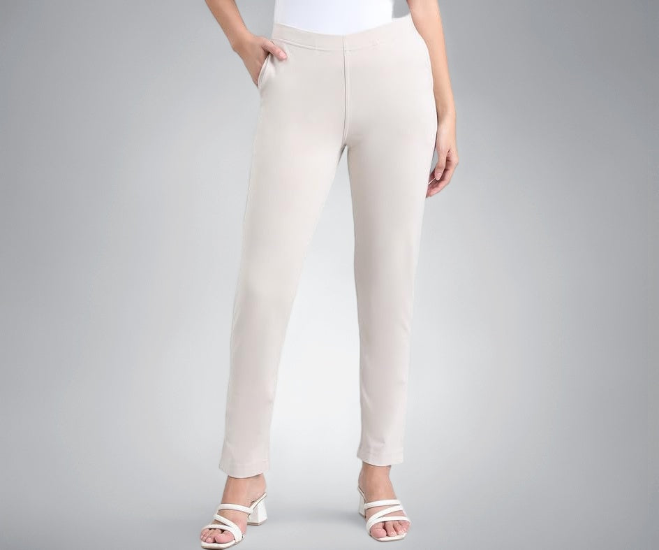 GO COLORS Soft Ponte Smart Fit Kurti Pants Full Length for Women| Breathable, Mid Rise, Cream