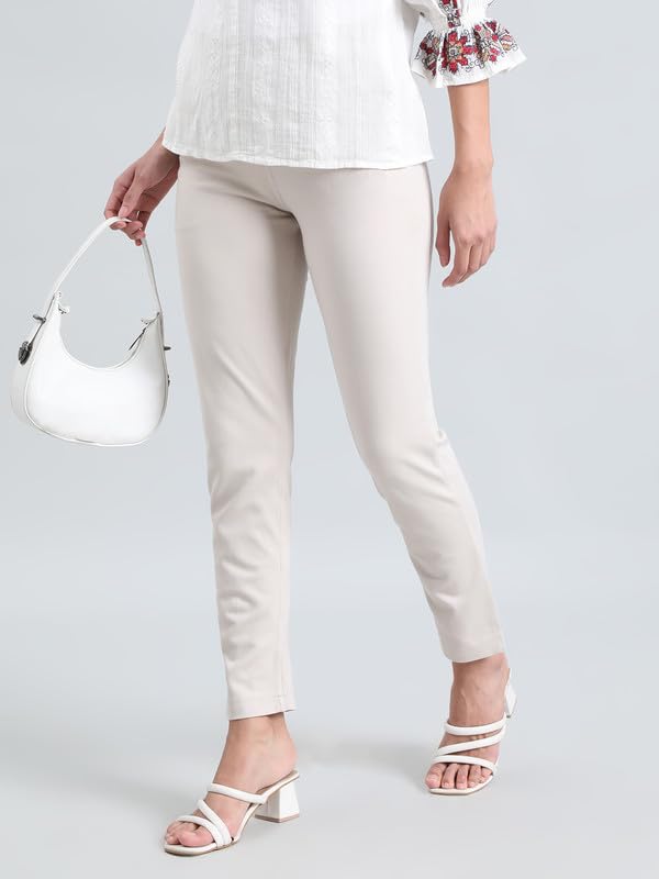 GO COLORS Soft Ponte Smart Fit Kurti Pants Full Length for Women| Breathable, Mid Rise, Cream