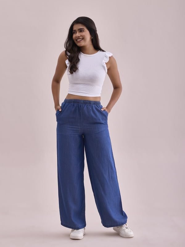 GO COLORS Women Blue Mid Rise Relaxed Fit Linen Denim Palazzo