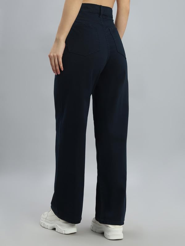 GO COLORS Soft Cotton-Tencel Blend Twill Wide Pants Full Length for Women| Breathable, High Rise, Navy