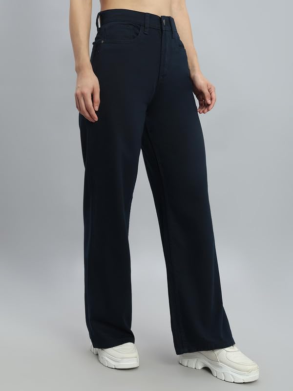 GO COLORS Soft Cotton-Tencel Blend Twill Wide Pants Full Length for Women| Breathable, High Rise, Navy