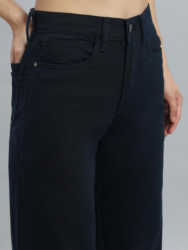 GO COLORS Soft Cotton-Tencel Blend Twill Wide Pants Full Length for Women| Breathable, High Rise, Navy