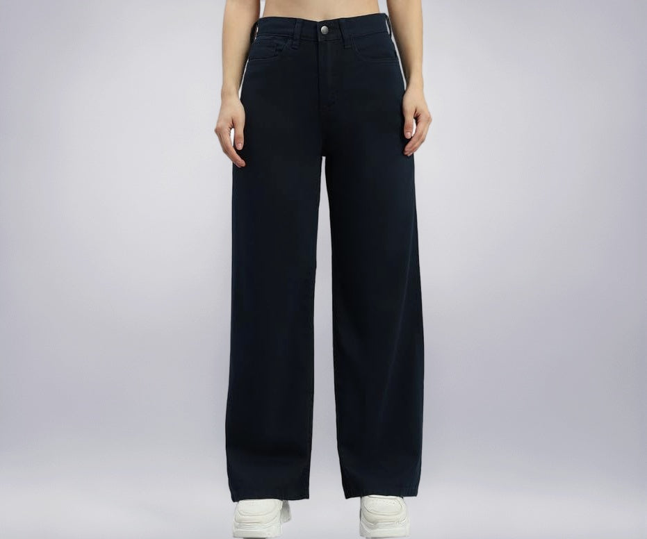 GO COLORS Soft Cotton-Tencel Blend Twill Wide Pants Full Length for Women| Breathable, High Rise, Navy