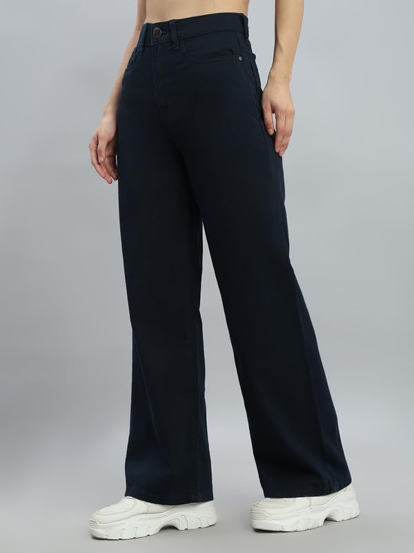 GO COLORS Soft Cotton-Tencel Blend Twill Wide Pants Full Length for Women| Breathable, High Rise, Navy