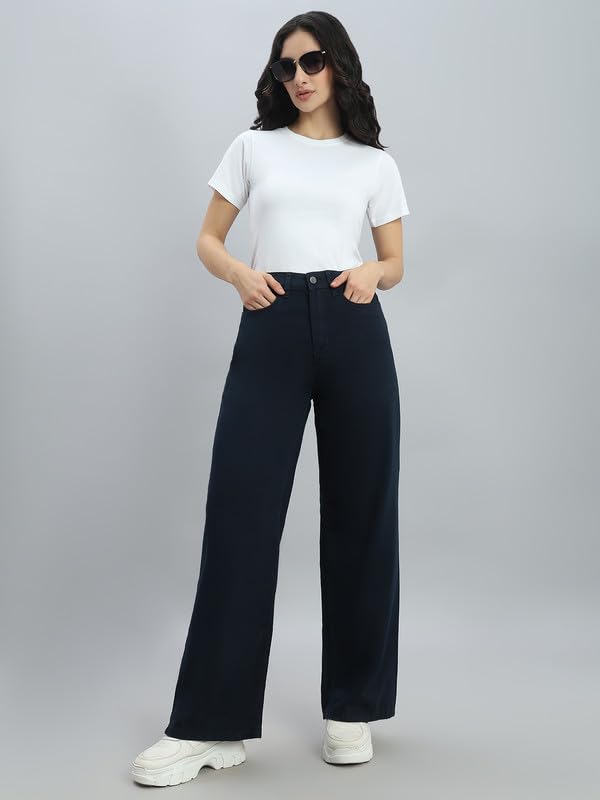 GO COLORS Soft Cotton-Tencel Blend Twill Wide Pants Full Length for Women| Breathable, High Rise, Navy