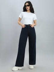 GO COLORS Soft Cotton-Tencel Blend Twill Wide Pants Full Length for Women| Breathable, High Rise, Navy