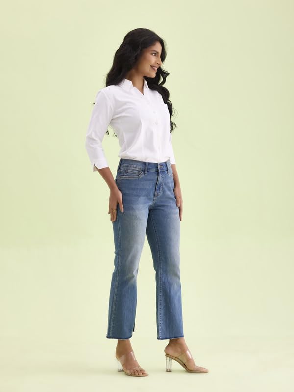 GO COLORS Women's Solid Blue Denim Mid Rise Mini Flare Jeans