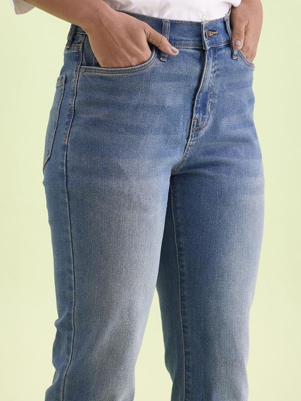 GO COLORS Women's Solid Blue Denim Mid Rise Mini Flare Jeans