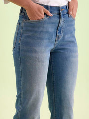 GO COLORS Women's Solid Blue Denim Mid Rise Mini Flare Jeans