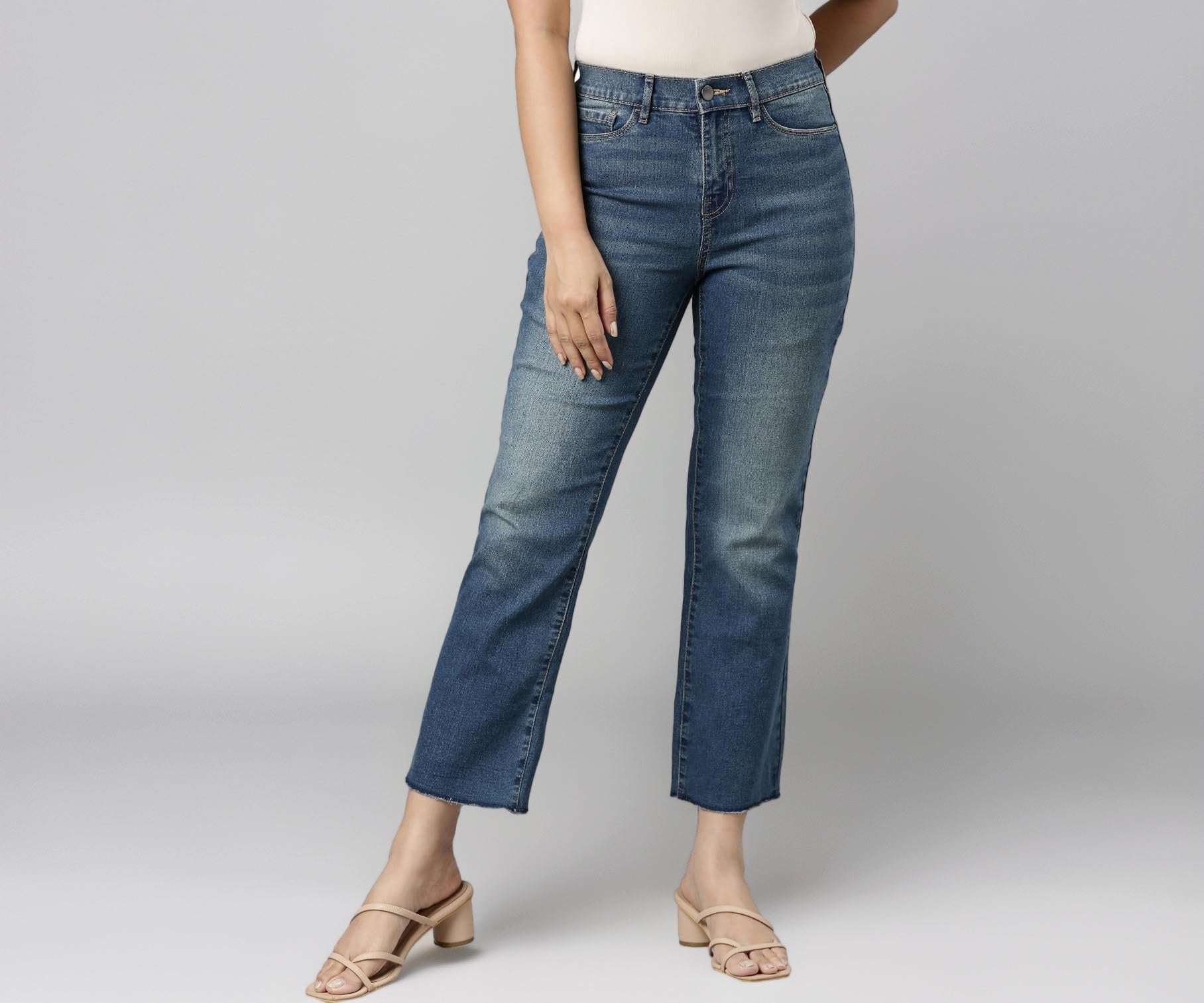 GO COLORS Women's Solid Blue Denim Mid Rise Mini Flare Jeans