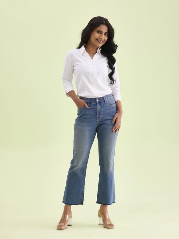 GO COLORS Women's Solid Blue Denim Mid Rise Mini Flare Jeans