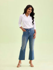 GO COLORS Women's Solid Blue Denim Mid Rise Mini Flare Jeans