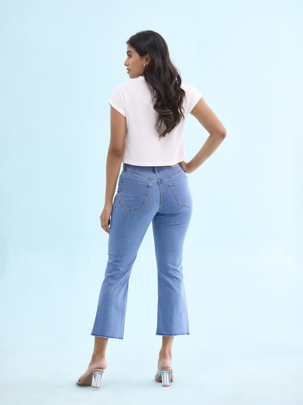 GO COLORS Women Solid Light Blue Denim Mid Rise Stretchable Mini Flare Jeans