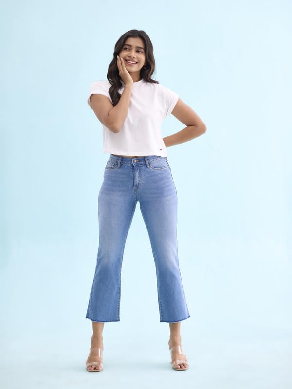GO COLORS Women Solid Light Blue Denim Mid Rise Stretchable Mini Flare Jeans