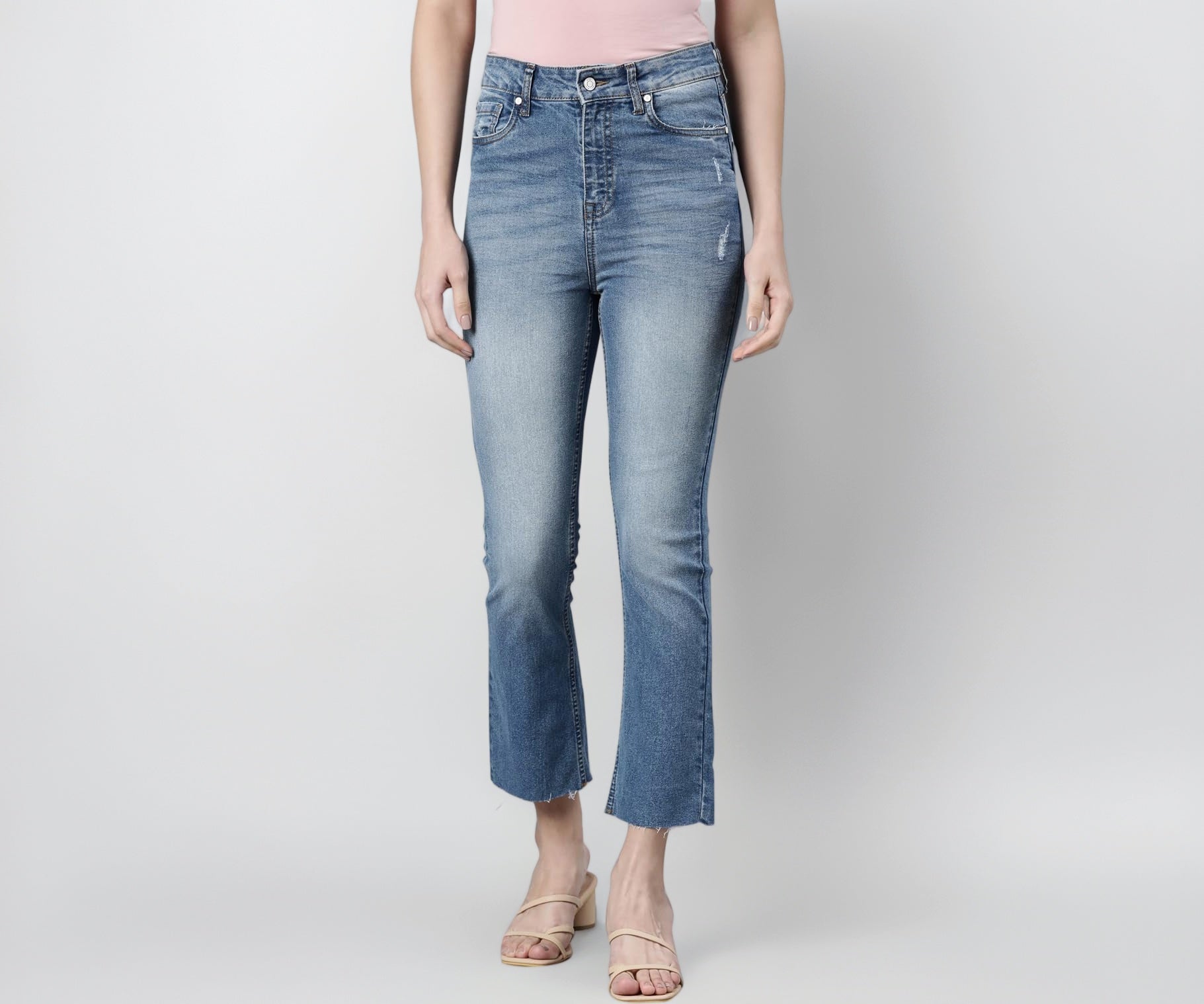 GO COLORS Women Solid Light Blue Denim Mid Rise Stretchable Mini Flare Jeans