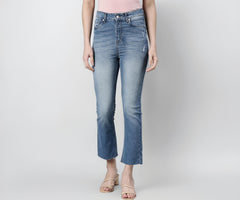 GO COLORS Women Solid Light Blue Denim Mid Rise Stretchable Mini Flare Jeans