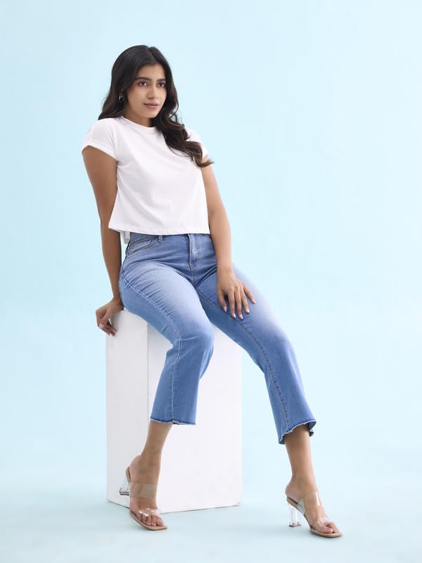GO COLORS Women Solid Light Blue Denim Mid Rise Stretchable Mini Flare Jeans