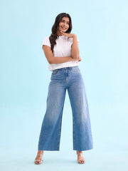 GO COLORS Women's Solid Light Blue Denim High Rise Wide Jeans