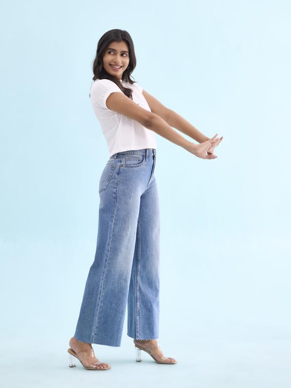GO COLORS Women's Solid Light Blue Denim High Rise Wide Jeans