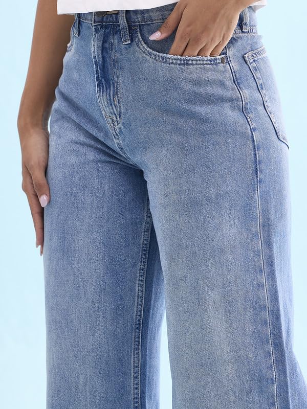 GO COLORS Women's Solid Light Blue Denim High Rise Wide Jeans