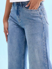 GO COLORS Women's Solid Light Blue Denim High Rise Wide Jeans