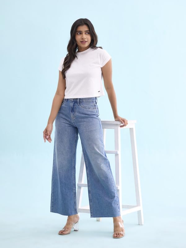 GO COLORS Women's Solid Light Blue Denim High Rise Wide Jeans