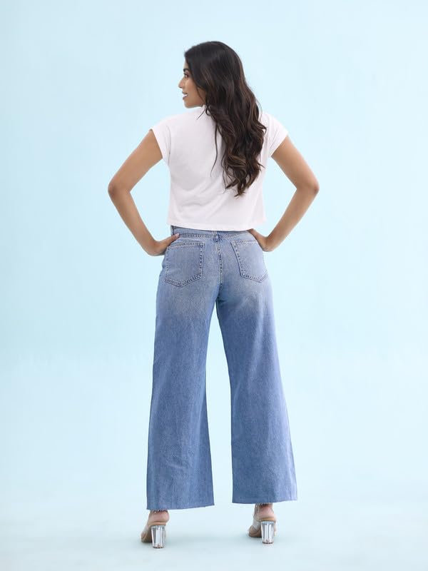GO COLORS Women's Solid Light Blue Denim High Rise Wide Jeans
