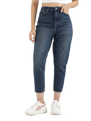 GO COLORS Soft Cotton Mom Jeans for Women| Breathable, Mid Rise, Blue
