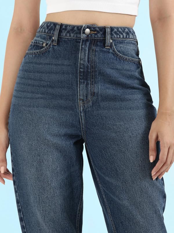 GO COLORS Soft Cotton Mom Jeans for Women| Breathable, Mid Rise, Blue