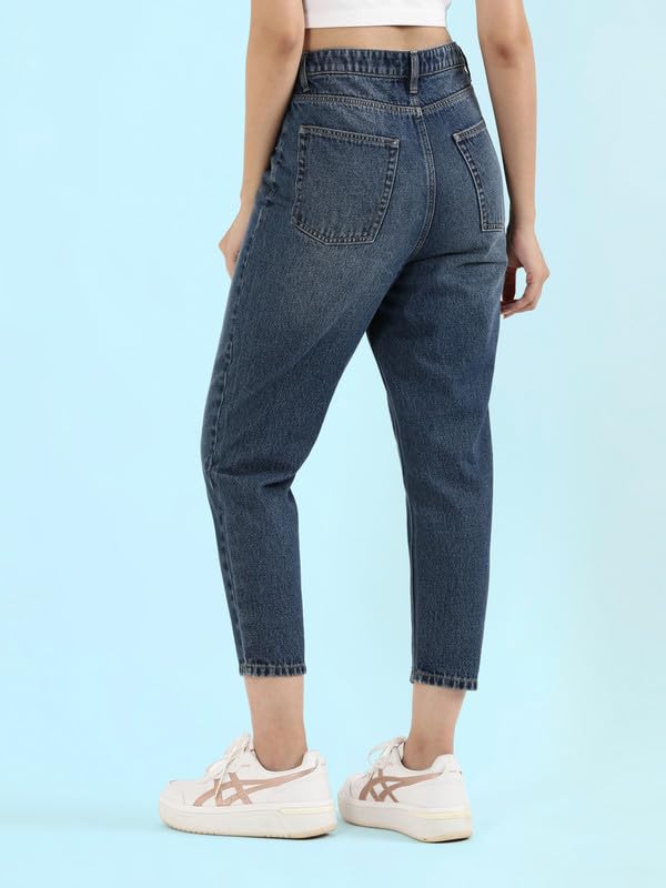 GO COLORS Soft Cotton Mom Jeans for Women| Breathable, Mid Rise, Blue