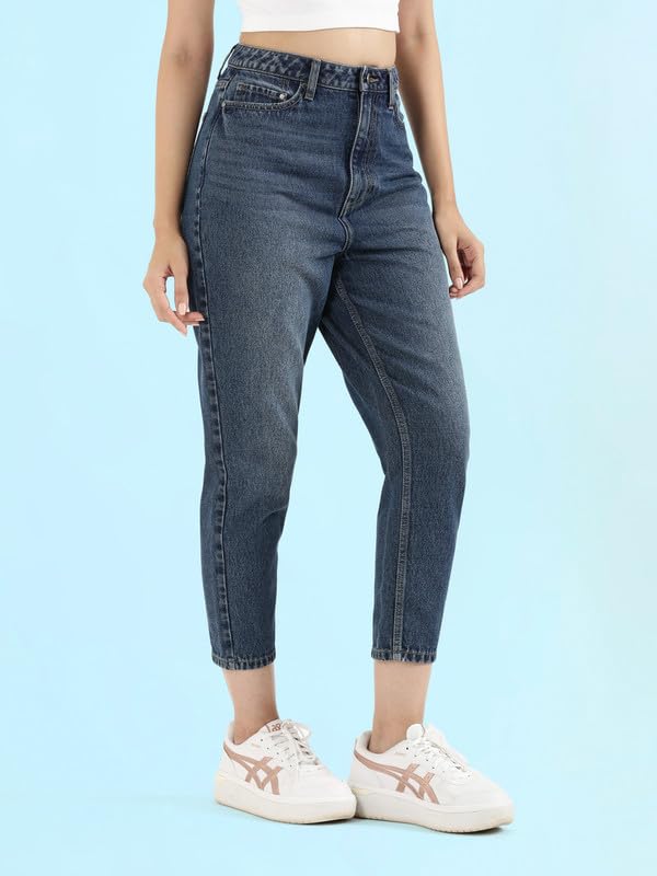 GO COLORS Soft Cotton Mom Jeans for Women| Breathable, Mid Rise, Blue