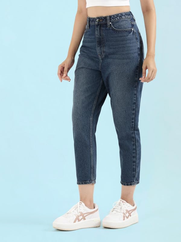 GO COLORS Soft Cotton Mom Jeans for Women| Breathable, Mid Rise, Blue