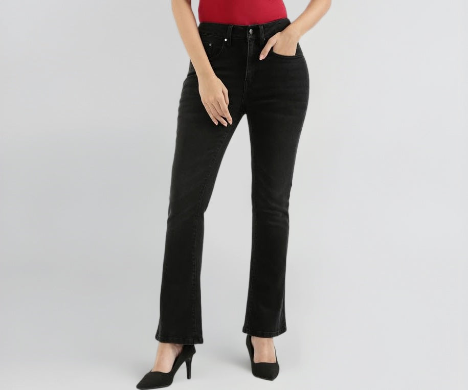 GO COLORS Soft Cotton Blend Bootcut Jeans Full Length for Women| Breathable, Mid Rise, Black