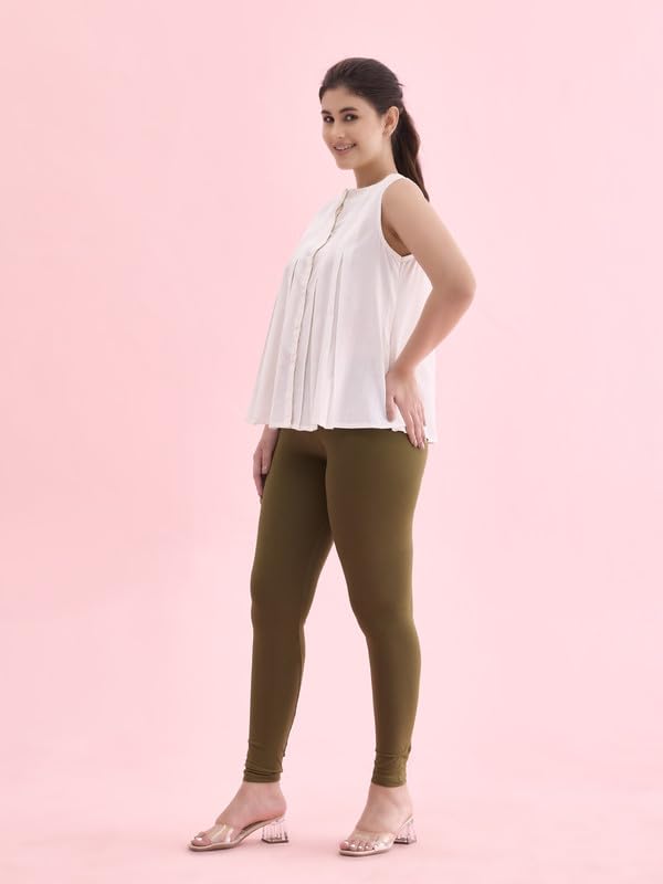 GO COLORS Soft Cotton Stretch Ankle Length Leggings for Women | Breathable, Mid Rise, Olive Green
